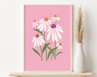 Pink Retro Flowers Print, Abstract Floral Printable Wall Art, DIGITAL DOWNLOAD, Colourful Floral Poster, Retro Wall Decor