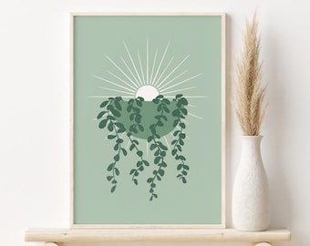 Könnte beinhalten: Ein minimalistischer Kunstdruck in Grün und Weiß mit einer stilisierten Sonne mit Strahlen und einer hängenden Pflanze mit grünen Blättern. Der Druck ist gerahmt und auf einem Regal mit einem Trockenblumenarrangement ausgestellt.
