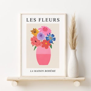 Impresión de flores en jarrón, DESCARGA DIGITAL, Arte de pared imprimible con motivos florales abstractos, Póster botánico de estilo vintage, Póster de exposición francesa
