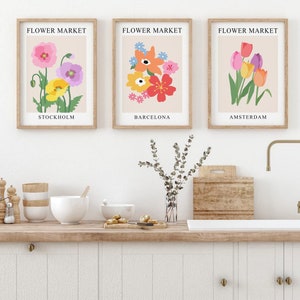 Flower Market Print Set of 3, Abstract Floral Printable Wall Art, DIGITAL DOWNLOAD, Botanical Gallery Wall Set, Flower Market Poster