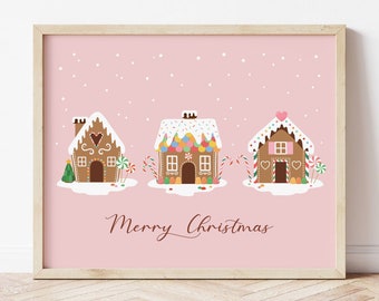 Gingerbread House Print, Pink Christmas Printable Wall Art, DIGITAL DOWNLOAD, Girls Room Christmas Decor, Modern Holiday Poster
