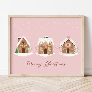 Gingerbread House Print, Pink Christmas Printable Wall Art, DIGITAL DOWNLOAD, Girls Room Christmas Decor, Modern Holiday Poster