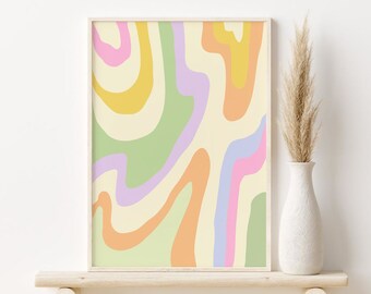 Retro Wavy Abstract Print, Printable Wall Art, DIGITAL DOWNLOAD, Pastel Danish Decor, Trendy Wall Decor, Colourful 70s Wall Art