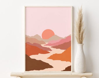 Abstract Landscape Print, Boho Sun Mountains Printable Wall Art, Terracotta Wall Art, Burnt Orange Poster, Boho Home Decor, DIGITAL DOWNLOAD