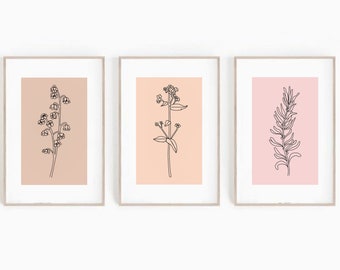 Botanical Line Art Printable, Set of 3 Prints, Neutral Wall Art, Floral Line Drawing Prints, Beige Botanical Minimalist Decor, Downloadable