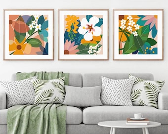 Abstract Botanical PRINTABLE Wall Art, Abstract Floral Wall Art Set of 3 Square Flower Prints Mustard Teal Gallery Wall Set DIGITAL DOWNLOAD