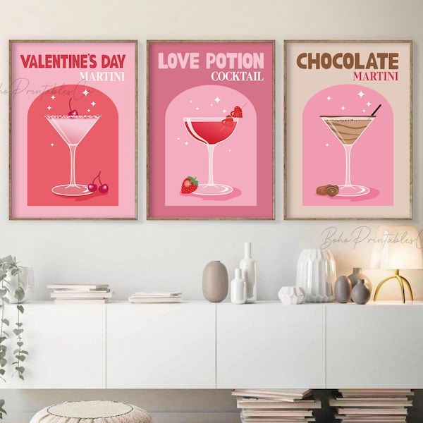 Valentine's Day Cocktail Party Printable Wall Art, DIGITAL DOWNLOAD, Retro Cocktail Print Set of 3, Valentines Day Drinks Home Bar Sign