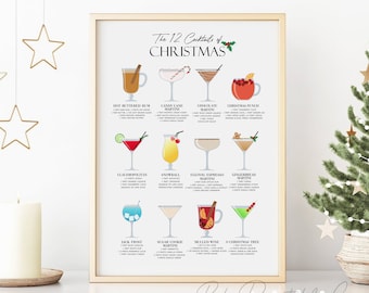 Puede incluir: Un póster imprimible con ilustraciones de 12 cócteles navideños y sus recetas. El póster tiene un fondo blanco con texto negro y acentos de acebo rojo. Los cócteles incluyen ron con mantequilla caliente, martini de bastón de caramelo, martini de chocolate, ponche navideño, cosmo navideño, bola de nieve, martini de espresso y ponche de huevo, martini de jengibre, Jack Frost, martini de galleta de azúcar, vino caliente y árbol de Navidad.