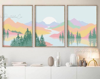 Pastel abstract landschap print set van 3, abstracte bergen afdrukbare muurkunst, digitale DOWNLOAD, kinderkamer muur decor, Boho muur decor