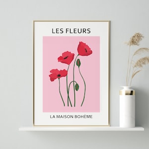 Les Fleurs Printable Wall Art, DIGITAL DOWNLOAD, Vintage Floral Exhibition Poster, Pink and Red Flowers Print, Abstract Botanical Print