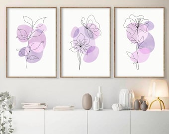 Lilac Floral Print Set of 3, Pastel Danish Decor, DIGITAL DOWNLOAD, Abstract Flowers Printable Wall Art, Line Drawing, Pastel Wall Art