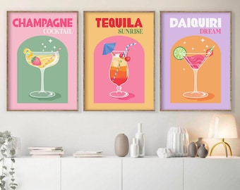 Retro Cocktail Print Set of 3 DIGITAL DOWNLOAD Colorful Cocktail Gallery Wall Set, Trendy Wall Decor, Bar Prints, Tequila Daiquiri Champagne