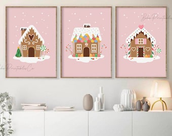 ジンジャーブレッドハウスプリント3枚セット、パステルピンクのクリスマスプリントウォールアート、デジタルダウンロード、ブラッシュピンクのホリデーデコレーション、レトロなクリスマスプリント