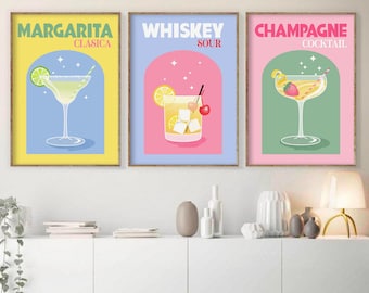 Retro Cocktail Print Set of 3, Bar Cart Printable Wall Art, DIGITAL DOWNLOAD, Colorful Cocktail Posters, Gallery Wall Set, Bar Cart Decor