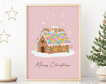 Pink Gingerbread House Print, Pink Vintage Holiday Wall Decor, Christmas Printable Wall Art, DIGITAL DOWNLOAD, Cute Festive Print