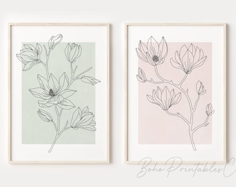 Floral Line Art Print Set of 2, DIGITAL DOWNLOAD, Sage Green Blush Pink Printable Wall Art, Minimal Flower Prints, Botanical Wall Decor