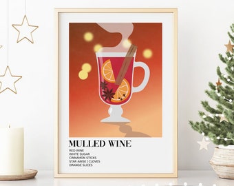 Mulled Wine Print, Retro Christmas Cocktail Printable Wall Art, DIGITAL DOWNLOAD, Bar Cart Poster, Holiday Drink Print, Christmas Bar Decor