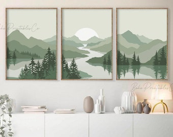 Sage Green Abstract Mountain Print Set of 3, Minimal Landscape Printable Wall Art, DIGITAL DOWNLOAD, Mid Century Modern, Boho Wall Decor