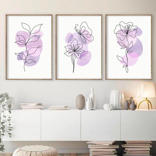 Lilac Floral Print Set of 3, Pastel Danish Decor, DIGITAL DOWNLOAD, Abstract Flowers Printable Wall Art, Line Drawing, Pastel Wall Art