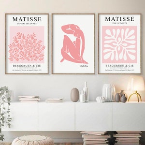 Zestaw ścienny do galerii Matisse w odcieniach różu i łososia, cyfrowe pobieranie, zestaw 3 wydruków Matisse, pakiet plakatów wystawowych, abstrakcyjna sztuka ścienna do druku
