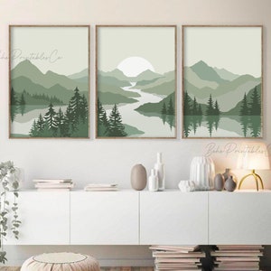 Sage Green Abstract Mountain Print Set of 3, Minimal Landscape Printable Wall Art, DIGITAL DOWNLOAD, Mid Century Modern, Boho Wall Decor