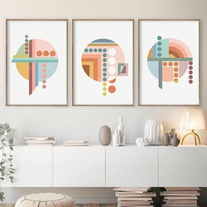 Geometric Print Set of 3, Abstract Printable Wall Art, Bauhaus Gallery Wall Set, Mid Century Modern Art Colour Block Prints DIGITAL DOWNLOAD