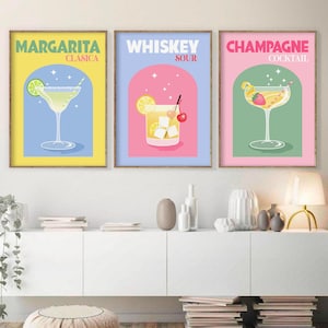 Juego de 3 impresiones de cócteles retro, arte de pared imprimible con carrito de bar, DESCARGA DIGITAL, carteles de cócteles coloridos, juego de pared de galería, decoración de carrito de bar