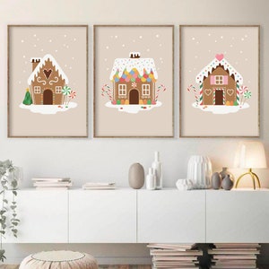 Gingerbread House Print Set of 3, Christmas Printable Wall Art, DIGITAL DOWNLOAD, Boho Holiday Decor