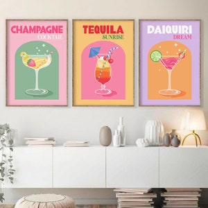 Retro Cocktail Print Set of 3, DIGITAL DOWNLOAD, Colorful Cocktail Gallery Wall Set, Trendy Wall Decor, Bar Prints, Tequila Daiquiri