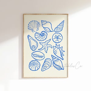 Blue Seashells Print, Hand Drawn Sea Shells Print, Trendy Coastal Printable Wall Art, DIGITAL DOWNLOAD  Beach House Decor, Hamptons Wall Art
