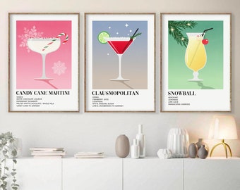Puede incluir: Tres impresiones de arte imprimibles con cócteles navideños festivos con los nombres: Candy Cane Martini, Clausmopolitan y Snowball. Cada impresión incluye una ilustración colorida del cóctel y una lista de ingredientes.