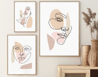 Abstrakta ansiktstryck Set om 3, kvinnliga ansiktslinjer, DIGITAL NEDLADDNING, Boho kvinna linjeteckning, Neutral tavelväggset, Utskrivbar väggkonst