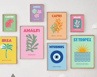 Travel Print Set of 8, Gallery Wall Set, DIGITAL DOWNLOAD, Retro Travel Poster, Colorful PRINTABLE Wall Art, Ibiza Miami Bondi Mykonos Print