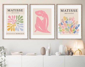 Matisse Print Set of 3, Abstract Printable Wall Art, Henri Matisse Exhibition Poster, Pink Blue Mustard Gallery Wall Set, DIGITAL DOWNLOAD