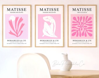 Rosa Matisse-tryckset om 3, utställningsaffischset, DIGITAL NEDLADDNING utskrivbar väggkonst, Henri Matisse galleriväggset, rosa flickvänlig väggkonst