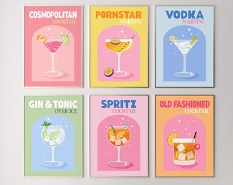 Retro Cocktail Print Set of 6, Colorful Cocktail Printable Wall Art, Trendy Drinks Poster, DIGITAL DOWNLOAD, Gallery Wall Set Bar Cart Decor