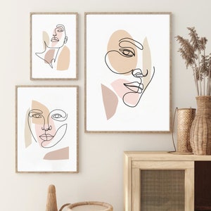 Abstract Face Prints Set of 3, Female Face Line Art, DIGITAL DOWNLOAD, Boho Woman Line Drawing, Neutral Gallery Wall Set, Printable Wall Art