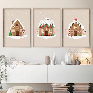Gingerbread House Print Set of 3, Red Green Beige Christmas Printable Wall Art, Cute Holiday Decor, DIGITAL DOWNLOAD, Retro Christmas Prints