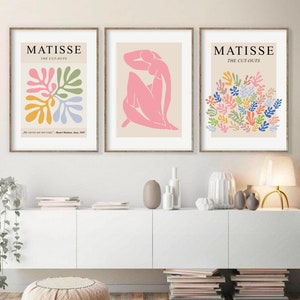 Matisse-tryckset med 3, abstrakt utskrivbar väggkonst, Henri Matisse-utställningsaffisch, rosa blå senapsgrå tavelväggset, digital nedladdning