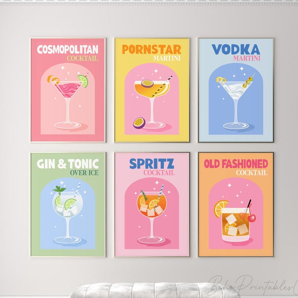 Retro Cocktail Print Set of 6, Colorful Cocktail Printable Wall Art, Trendy Drinks Poster, DIGITAL DOWNLOAD, Gallery Wall Set Bar Cart Decor