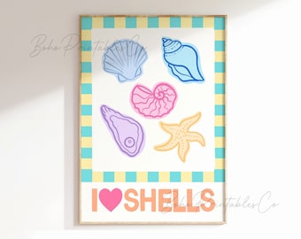 Pastel Seashells Print, Trendy Coastal Cowgirl Printable Wall Art, DIGITAL DOWNLOAD, Sea Shell Wall Art Beachy Room Decor Girly Summer Print