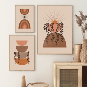 Mid Century Modern Prints Set of 3, Abstract Geometric Printable Wall Art, Botanical Art, Terracotta Boho Gallery Wall Set, DIGITAL DOWNLOAD