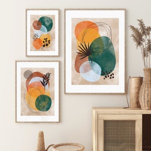 Arte de parede abstrata, arte de parede abstrata para impressão, conjunto de 3, impressões digitais de folhas abstratas geométricas, arte em aquarela, download de pôster em tons de terra