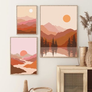 Arte de pared imprimible de montaña abstracta, juego de 3 impresiones de paisajes bohemios, arte de pared de color naranja quemado terracota, impresiones de arte nórdico, DESCARGA DIGITAL