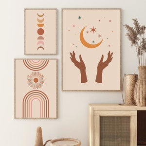 Celestial Prints Set of 3, Abstract Boho Printable Wall Art, Sun Moon Stars Print, Gallery Wall Set, Mid Century Modern Art Digital Download