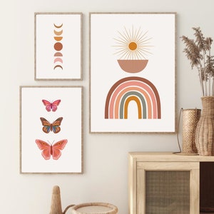 Boho Nursery Prints Set of 3, Abstract Boho Printable Wall Art, Rainbow Sun Moon Butterfly Prints, Girls Room Wall Decor, DIGITAL DOWNLOAD