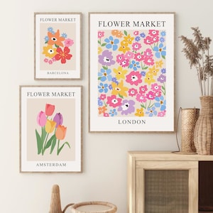 Flower Market Print Set of 3, DIGITAL DOWNLOAD, Flower Market Posters, Abstract Floral PRINTABLE Wall Art, London Amsterdam Gallery Wall Set