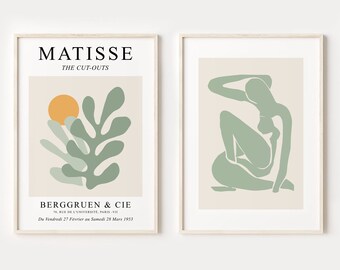 Sage Green Matisse Print Set of 2, DIGITAL DOWNLOAD, Henri Matisse Exhibition Poster, Abstract Woman Printable Wall Art, Sage Green Decor