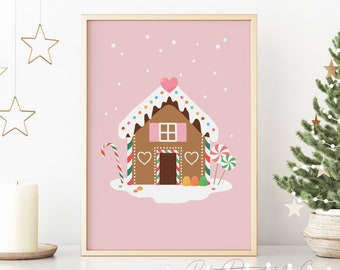 Christmas Gingerbread House Print, Pink Holiday DIY Wall Decor, DIGITAL DOWNLOAD, Cute Christmas Printable Wall Art, Holiday Poster