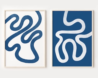 Navy Blue Abstract Wall Art, Print Set of 2, Scribble Abstract Line Art, DIGITAL DOWNLOAD, Modern Printable Wall Art, Minimalist Poster Set